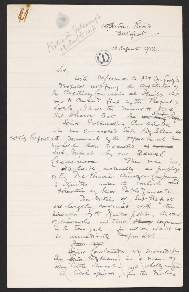 Draft letter from Roger Casement to Sir [Edward Grey] regarding the re-arrangement and duties of the Auxiliary Commission at Iquitos, and furthermore discussing Carlos Rey de Castro,
