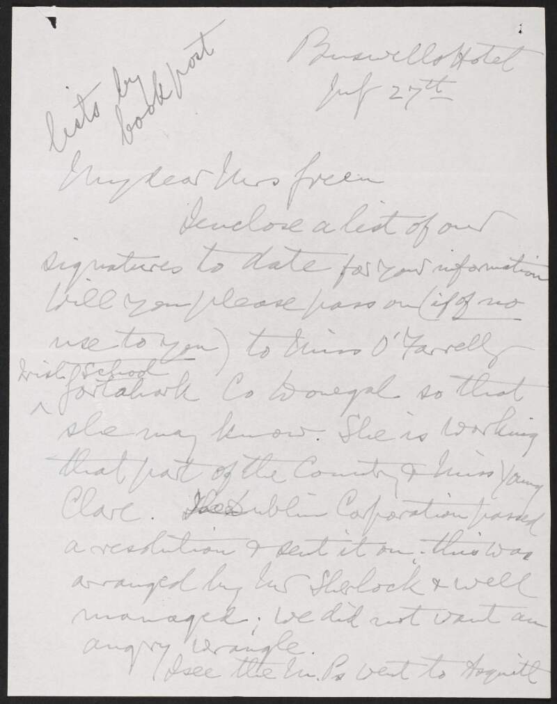 Letter from Maurice Moore to Alice Stopford Green regarding the petition to save Roger Casement,
