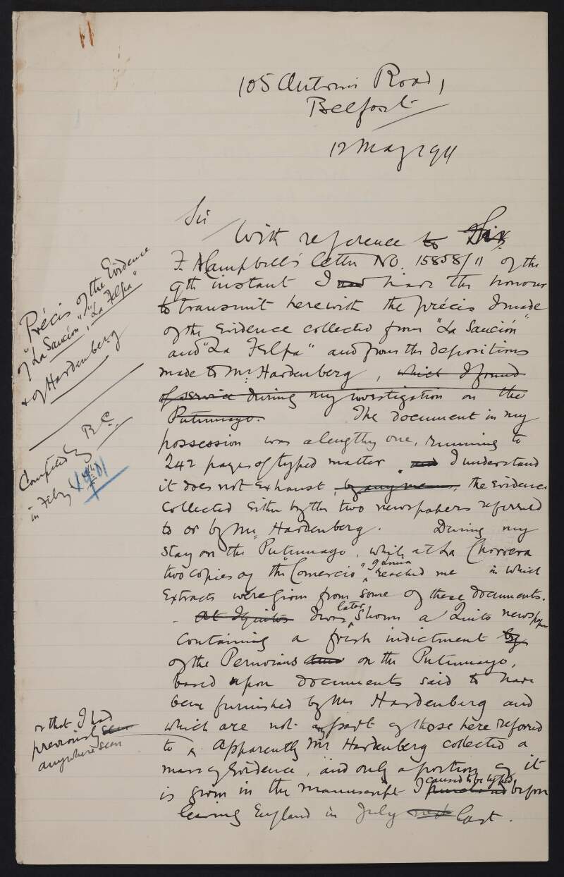 Draft letter from Roger Casement to Sir Edward Grey regarding précis of evidence from 'La Sancion', 'La Felpa', and the depositions of W. E. Hardenburg,