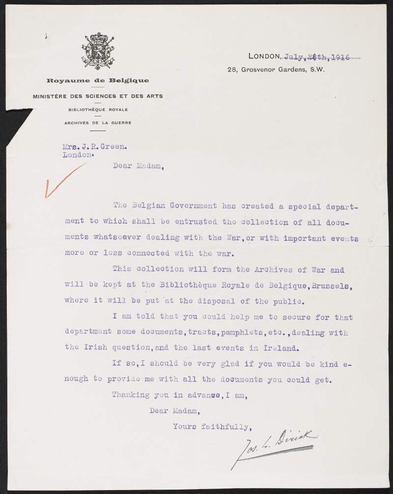 Letter from James Dirick to Alice Stopford Green requesting material on the 1916 Rising for the Belgium World War One museum,