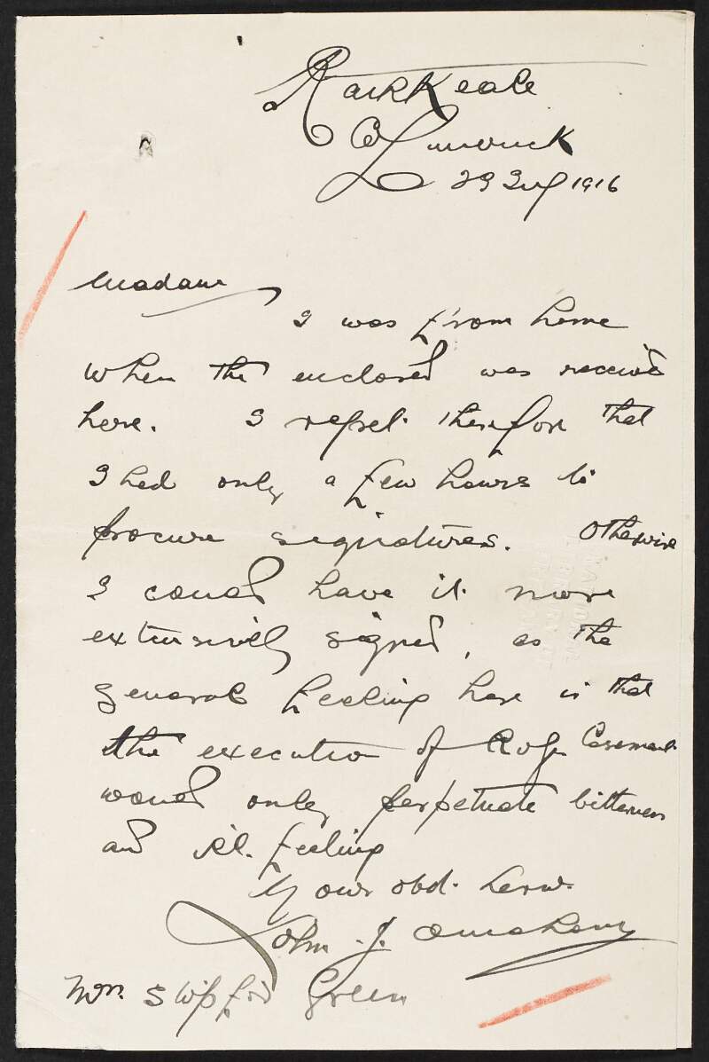 Letter from John J. O'Mahony to Alice Stopford Green regarding the petition to save Roger Casement,