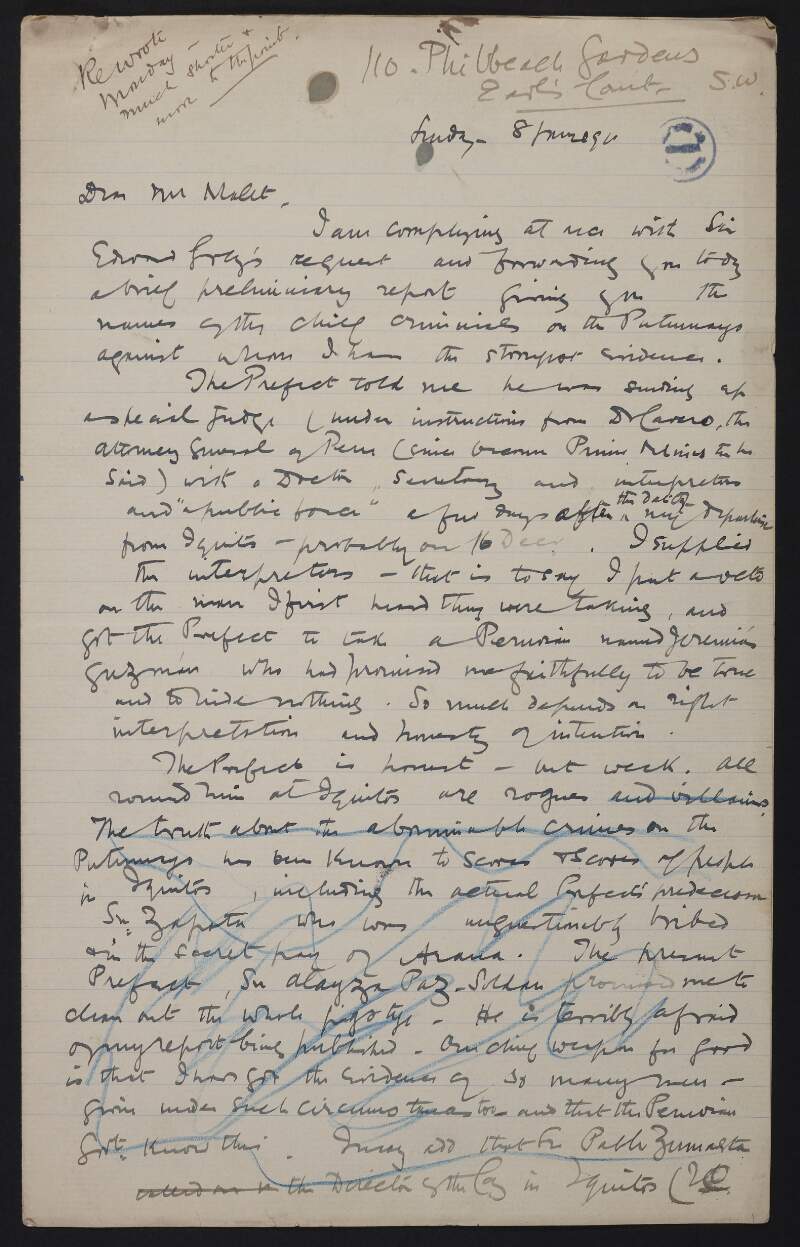 Draft letter from Roger Casement to Louis Mallet regardinghis conversations with a Peruvian prefect,