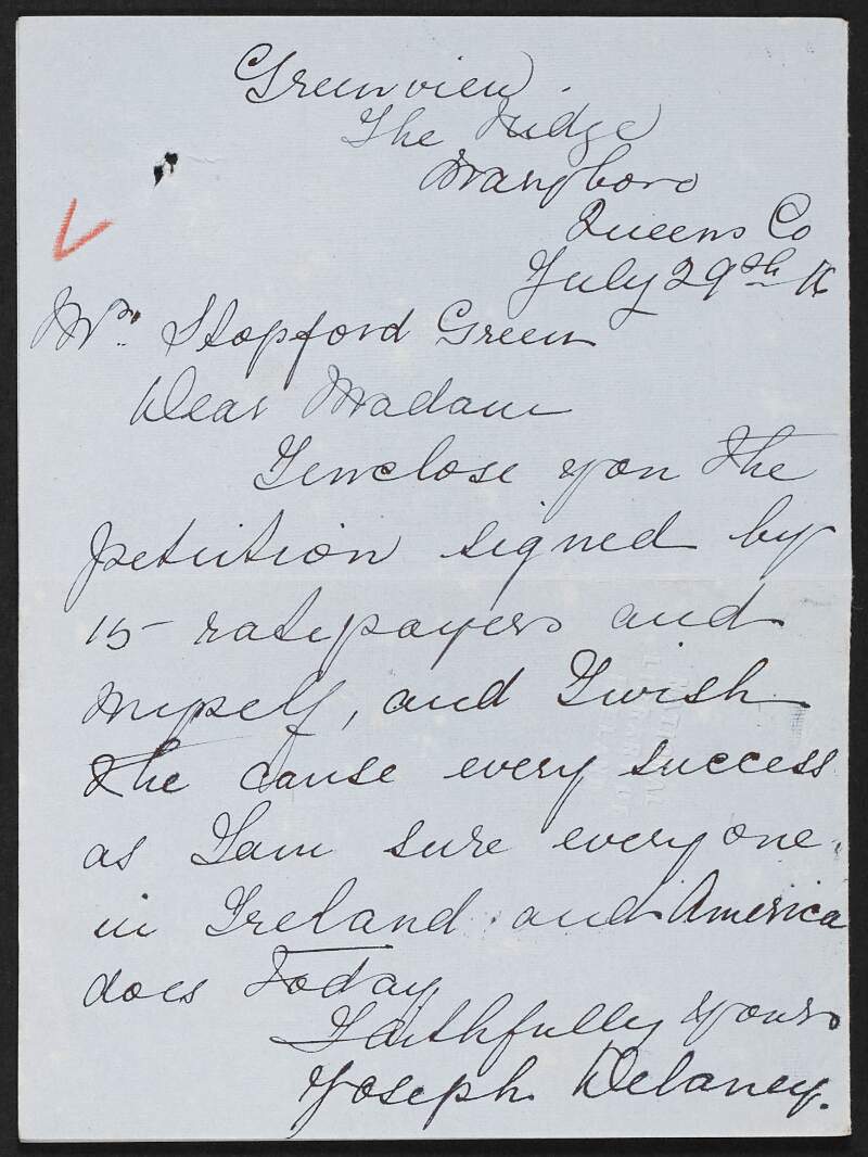 Letter from Joseph Delaney to Alice Stopford Green regarding the petition to save Roger Casement,