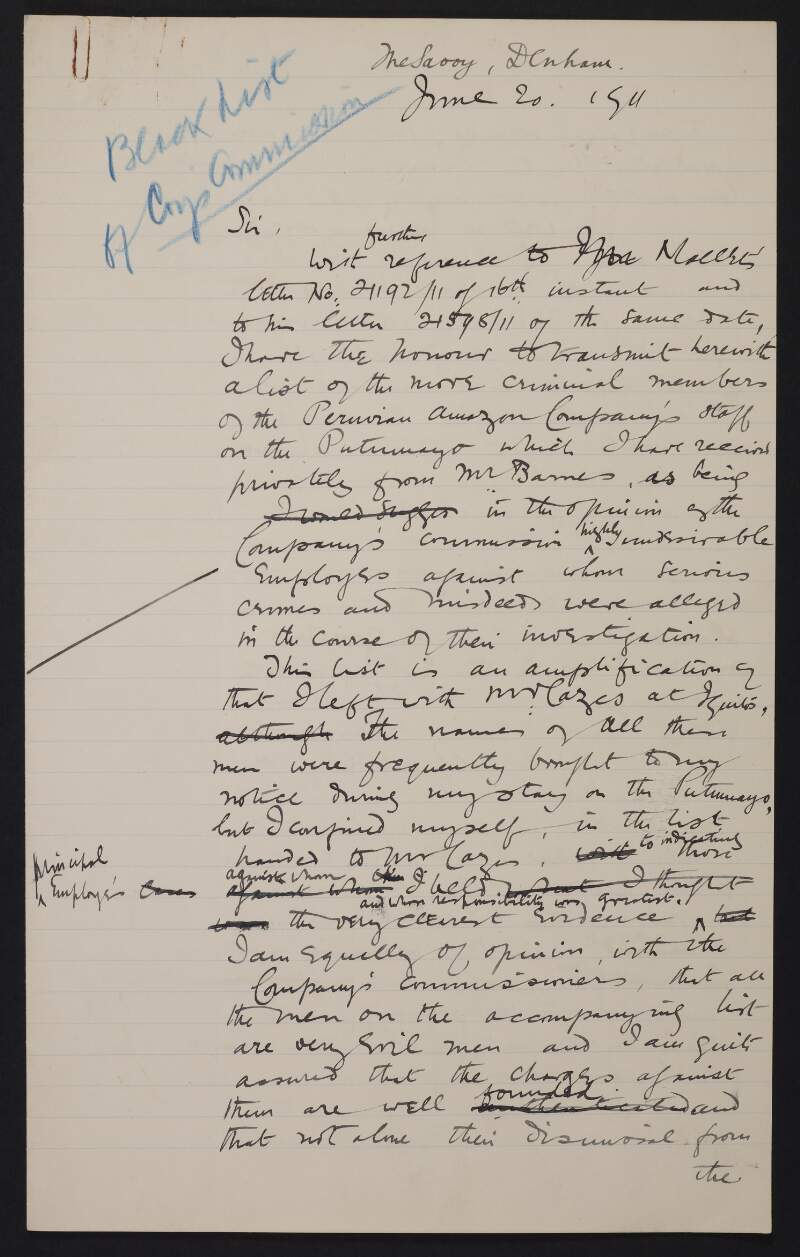 Draft letter from Roger Casement enclosing lists of those he deemed criminally responsible for atrocities in the Putumayo,