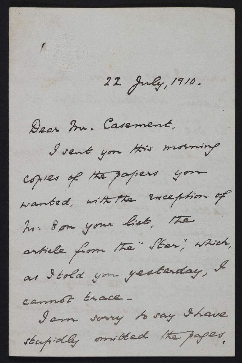Letter from Edward Henry John Leslie to Roger Casement enclosing a copy of Thomas Whiffen's letter to the Under Secretary of Foreign Affairs describing atrocities in the Putumayo,