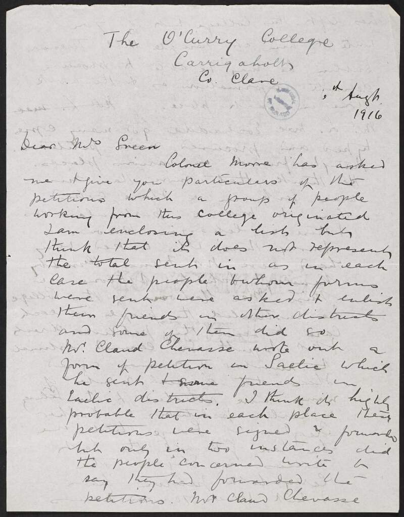 Letter from Ella Young to Alice Stopford Green regarding the petition to save Roger Casement,