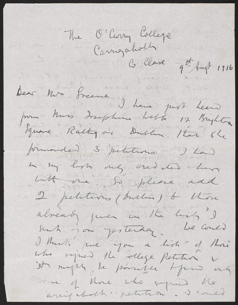 Letter from Ella Young to Alice Stopford Green regarding forwarding petitions that were intended to save Roger Casement ,