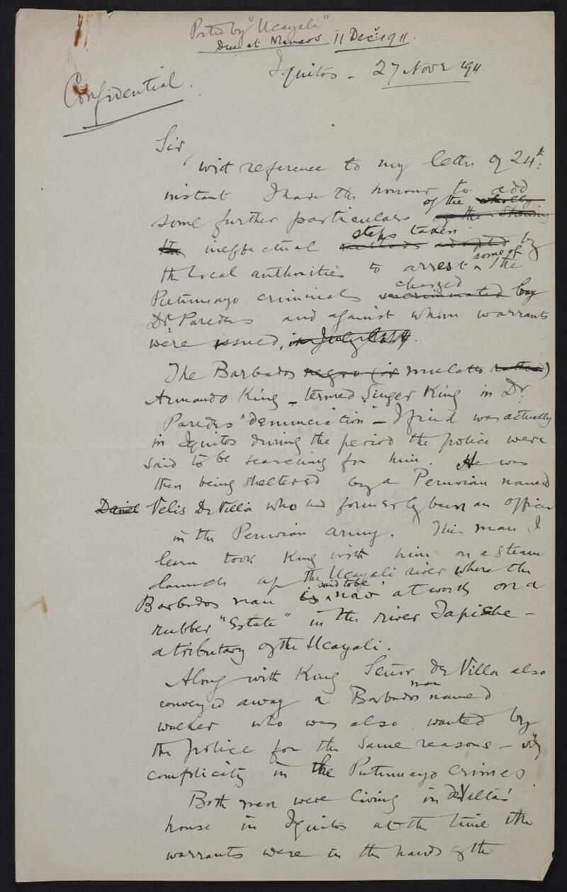 Letter from Roger Casement, Iquitos, to [Foreign Office] regarding the failure of local authorities to arrest suspects named in Dr Paredes' report,