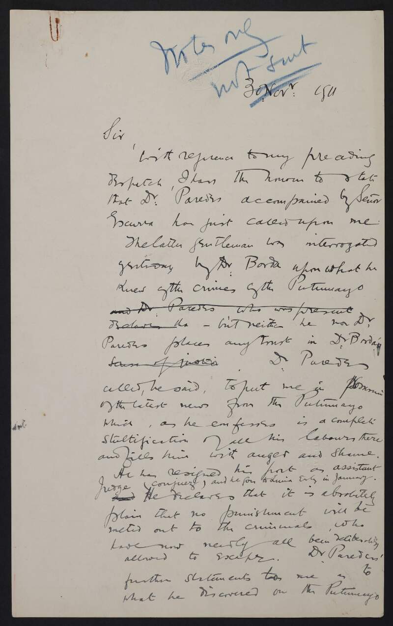 Unsent draft letter from Roger Casement to [Foreign Office] regarding a visit by Dr Paredes and Señor Escurra,