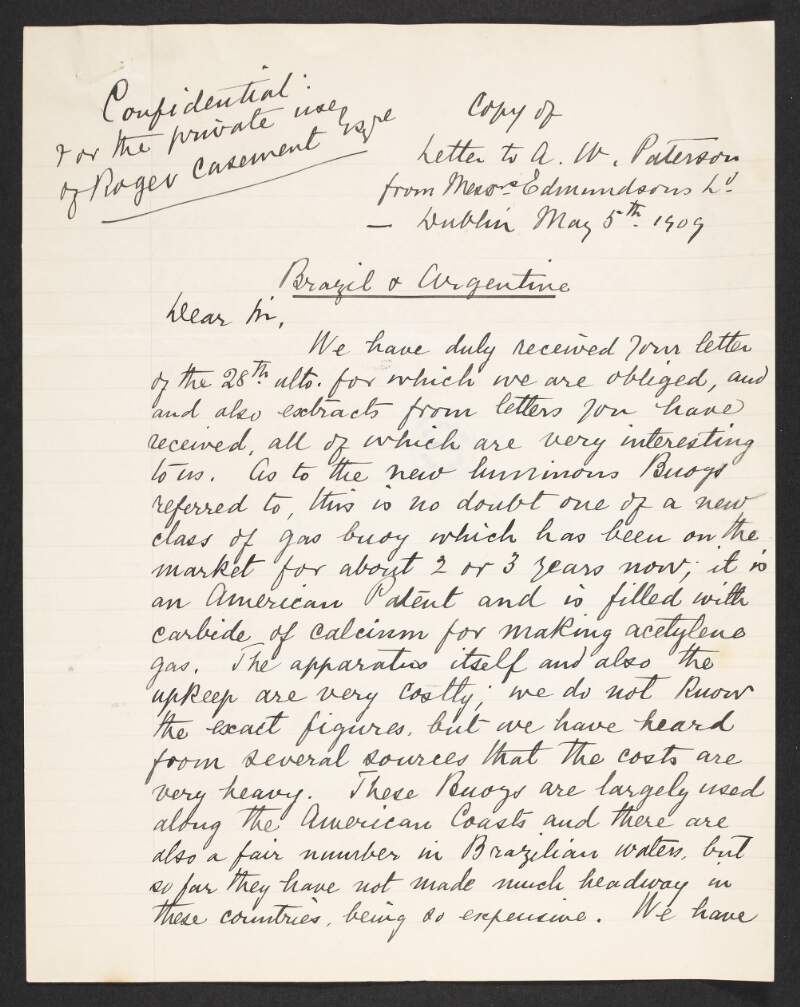 Copy of letter from "Messrs Edmundsons Ltd" to A. W. Paterson describing the makeup and cost of the new luminous buoys and also informing him where the buoys are in use,