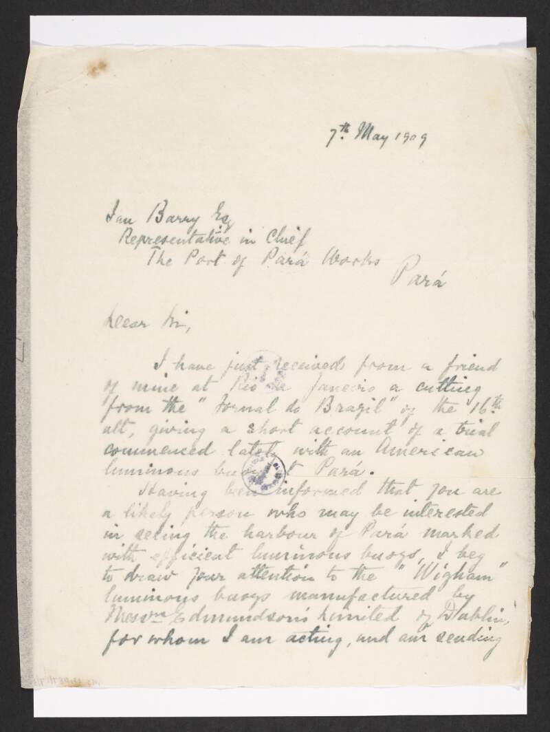 Copy letter from A. W. Paterson to "Ian Barry" informing him of the "Wigham" luminous buoy manufactured by "Messrs Edmundson's Limited of Dublin", and also informing him where that particular buoy is in use,