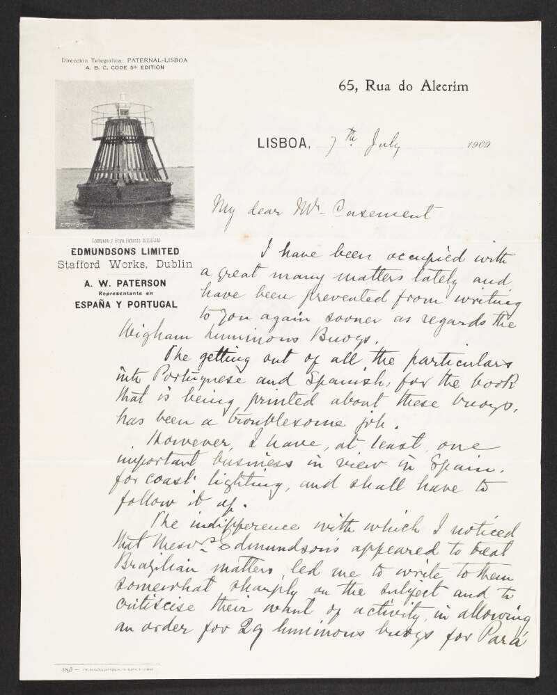 Letter from A. W. Paterson to Roger Casement regarding "Messrs Edmundsons" missing out on a large order of buoys in Pará, requesting Casement keep him informed on coast and river lighting matters in Brazil, and including two identical letters in Spanish,