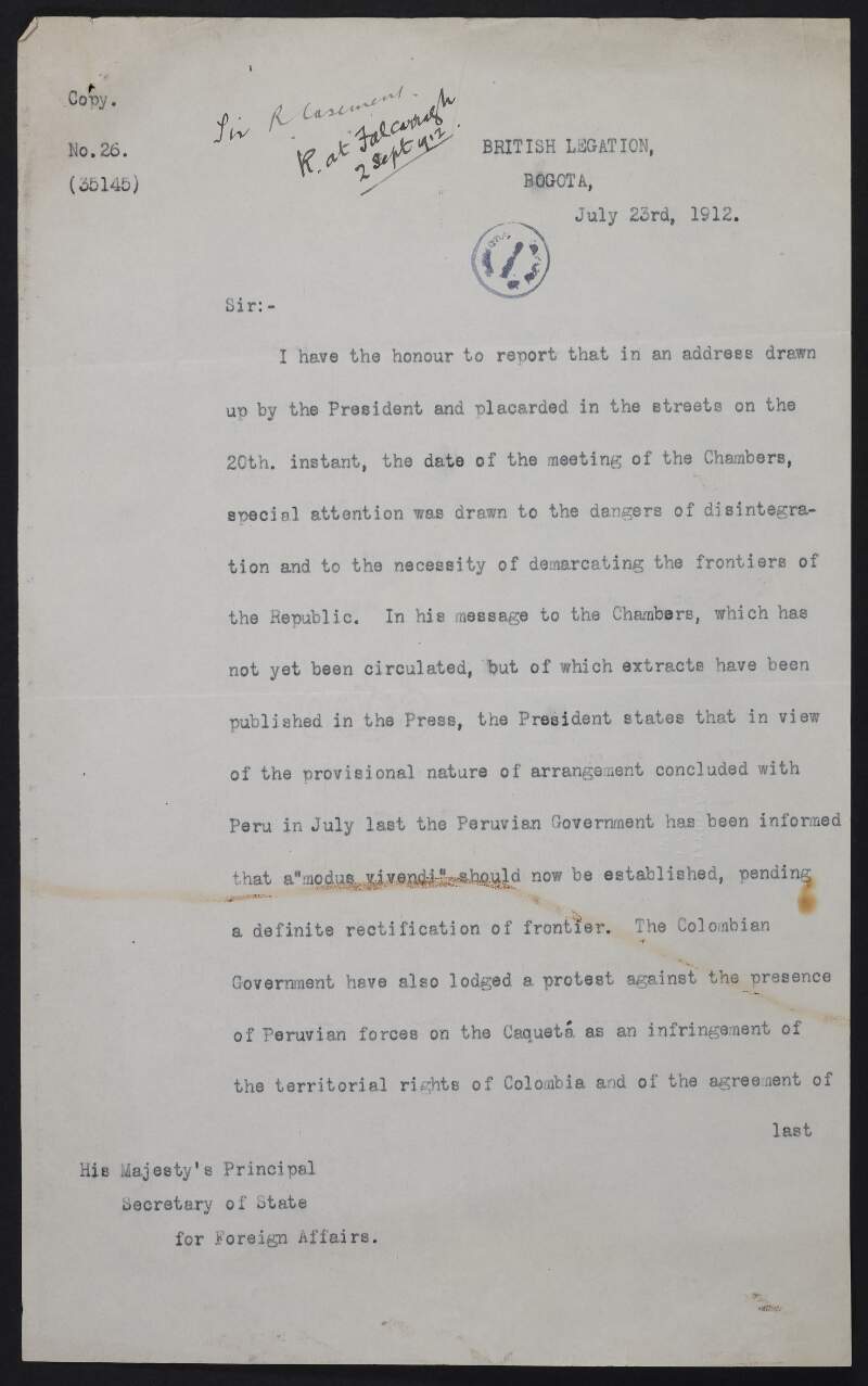 Letter from Percy C. Wyndham, British Legation, Bogota to the Secretary of State for Foreign Affairs, regarding a border dispute between Colombia and Peru,