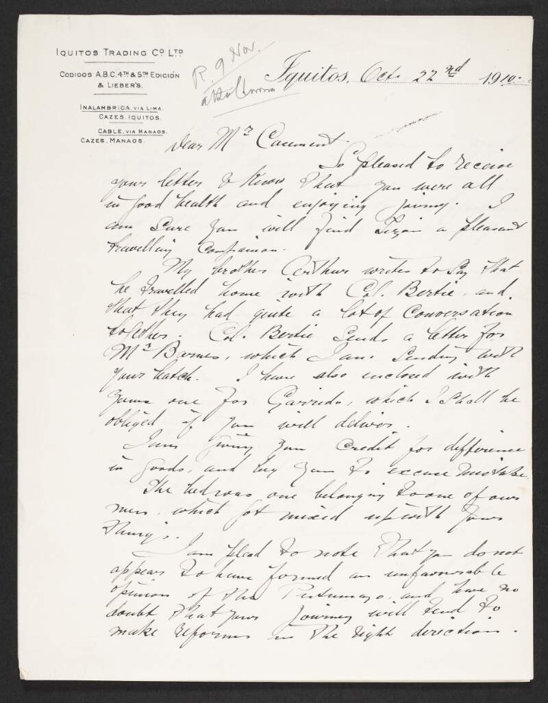 Letter from David Cazés to Roger Casement regarding his belongings and post, his opinion on the Putumayo and on Barbadians,