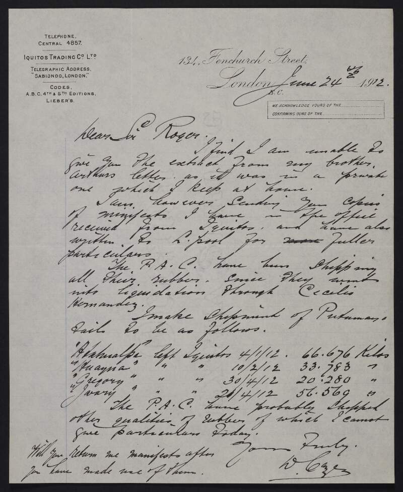 Letter from David Cazés, 134 Fenchurch Street, London, E. C., to Roger Casement regarding rubber shipments by the Peruvian Amazon Company,