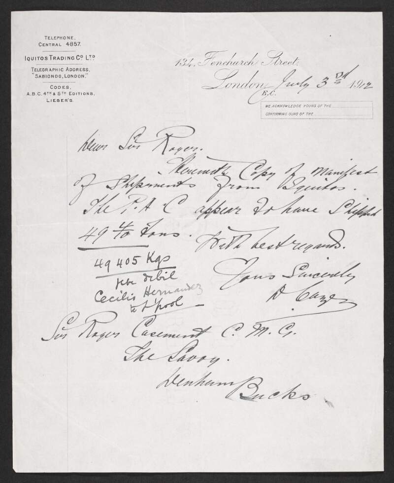 Letter from David Cazés to Roger Casement informing him of an enclosed copy of a manifest of shipments from Iquitos and detailing the amount the Peruvian Amazon Company has shipped,