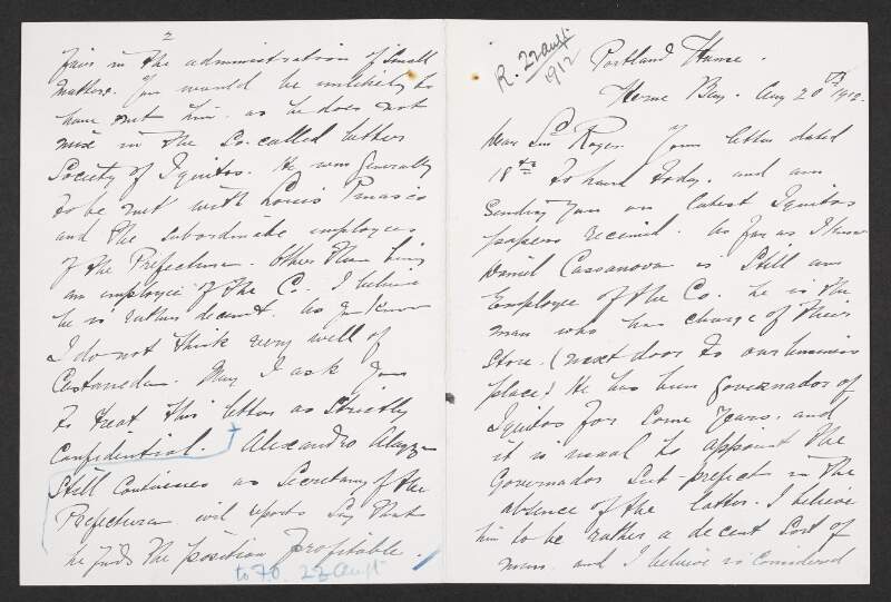 Letter from David Cazés to Roger Casement discussing "David Casanova", an employee of the Peruvian Amazon Company and Governor of Iquitos, the Government sending Peruvian men to Loreto, and also enquiring if Carlos de Rey Castro is being sent to the Putumayo,