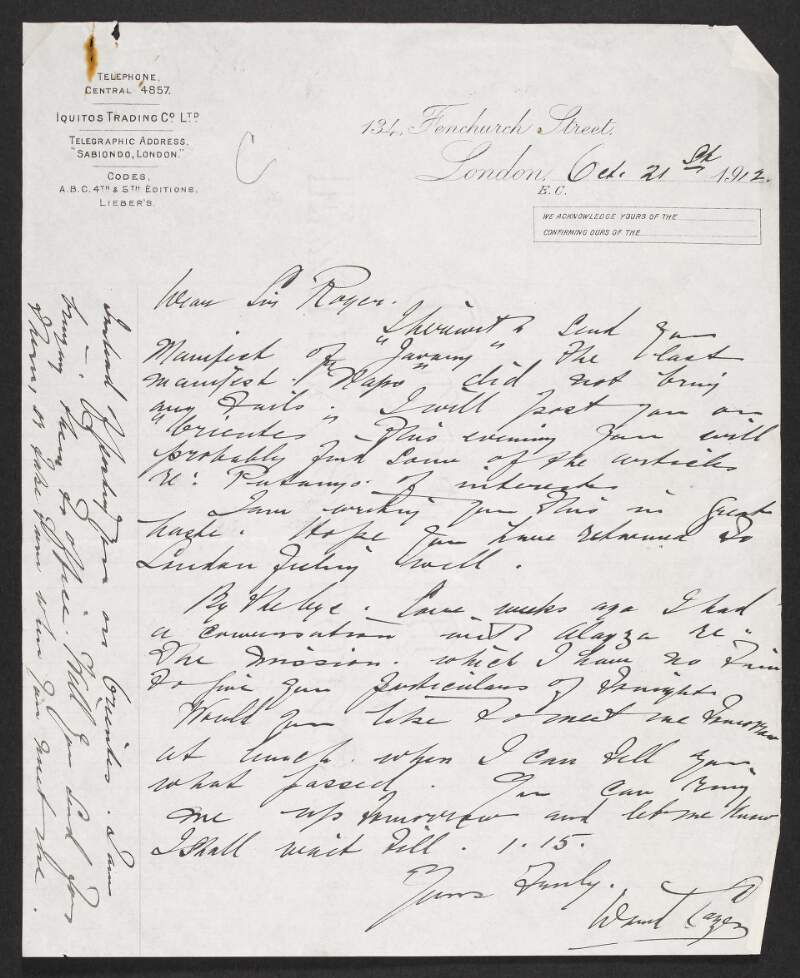 Letter from David Cazés to Roger Casement informing him of an enclosed manifest [not extant], and also that he had communication with "[Alanza?]" regarding the mission to the Putumayo,