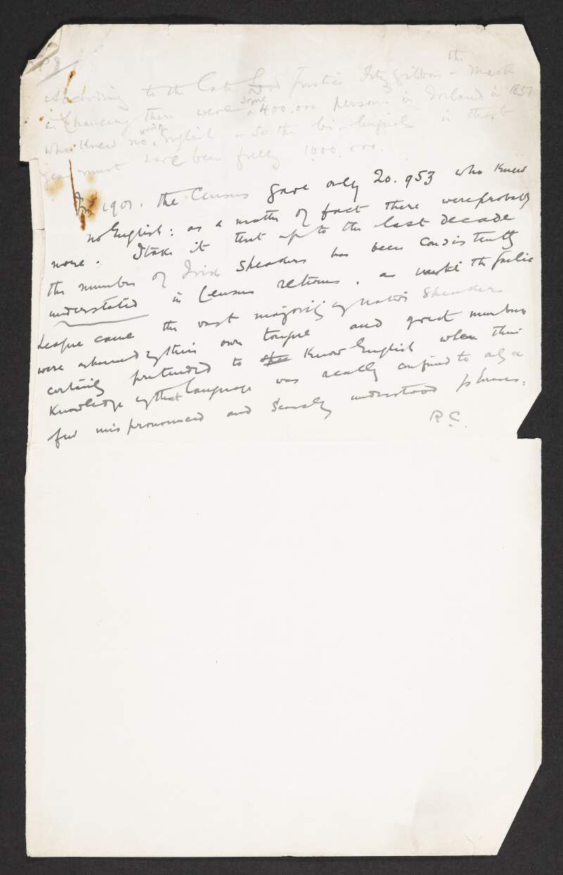 Notes by Roger Casement on the number of people in Ireland who could not speak English,
