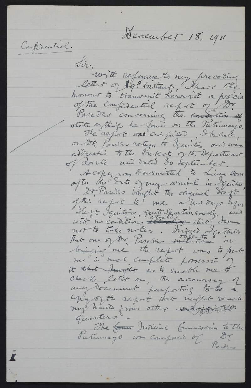 Letter from Roger Casement to [the Foreign Office] containing a précis of Dr Paredes' report,