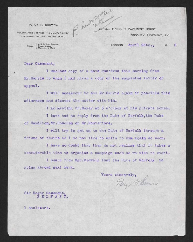 Letter from Percy H. Browne to Roger Casement informing him of his arrangements and correspondence with various people in connection with the Putumayo Mission Fund,