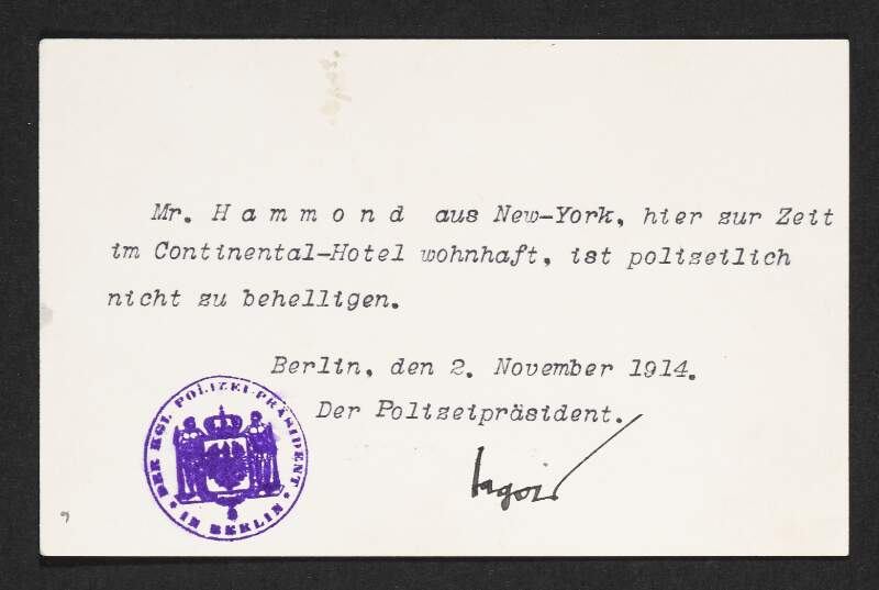A German police pass for a "Mr. Hammond",