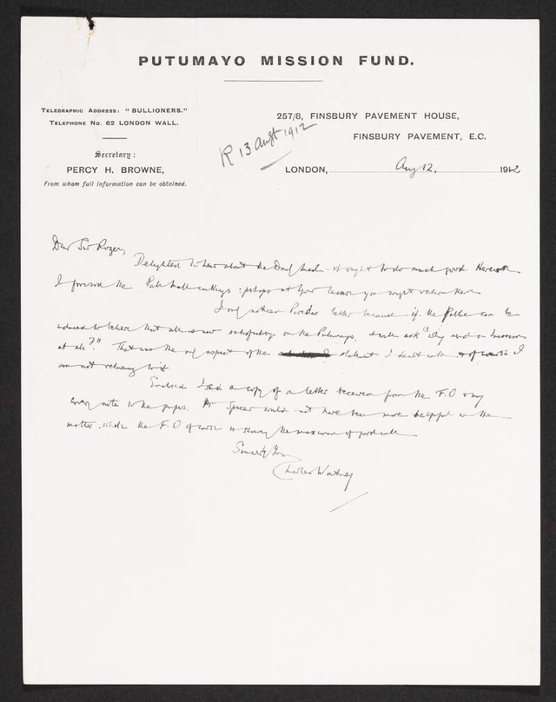 Letter from Charles Watney to Roger Casement discussing Rómulo Paredes' letter and good news regarding the 'Daily Mail',