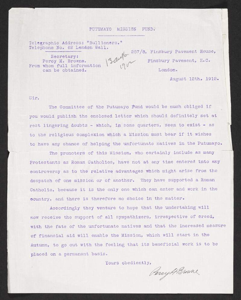 Letter from Percy H. Browne to unknown recipient requesting they publish a letter regarding the religious involvement in the Putumayo Mission in order to rest any doubts,