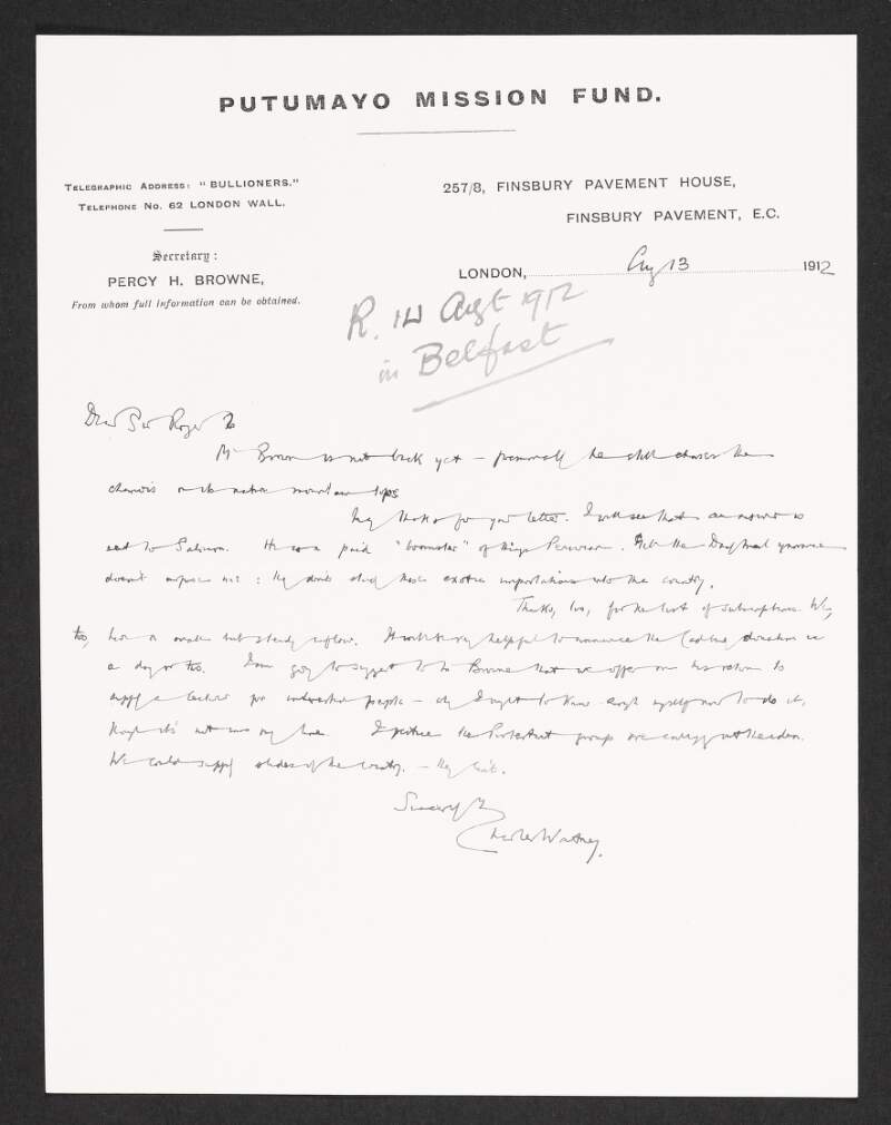 Letter from Charles Watney to Roger Casement discussing a "boomster" of things Peruvian named "[Saloman?] and thanking him for the list of subscriptions,