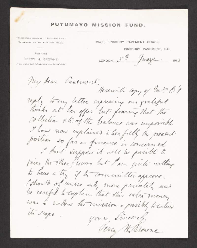 Letter from Percy H. Browne to Roger Casement enclosing a reply letter from "Fanny O'Shaughnessy" regarding his subscription to the Putumayo Mission Fund,