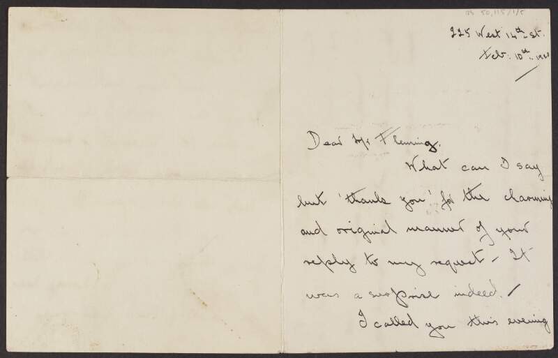 Letter from [Han?] Butler to Pádraic Fleming informing him that he/she cannot accept his invitation,
