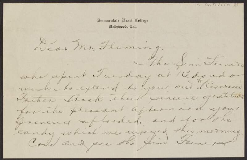Letter from the Sinn Féin Society of the Immaculate Heart College, Hollywood, California, to Padraic Fleming inviting him to visit,