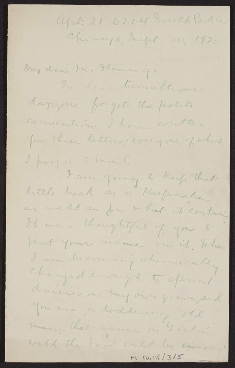 Letter from Anna M. Nolan, Chicago, to Padraic Fleming encouraging him to lecture at Catholic colleges and convents,