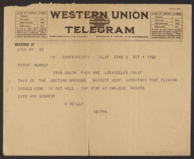 Telegram from B. Reilly, Los Angeles, to Peter Murray about a meeting that Padraic Fleming should attend,
