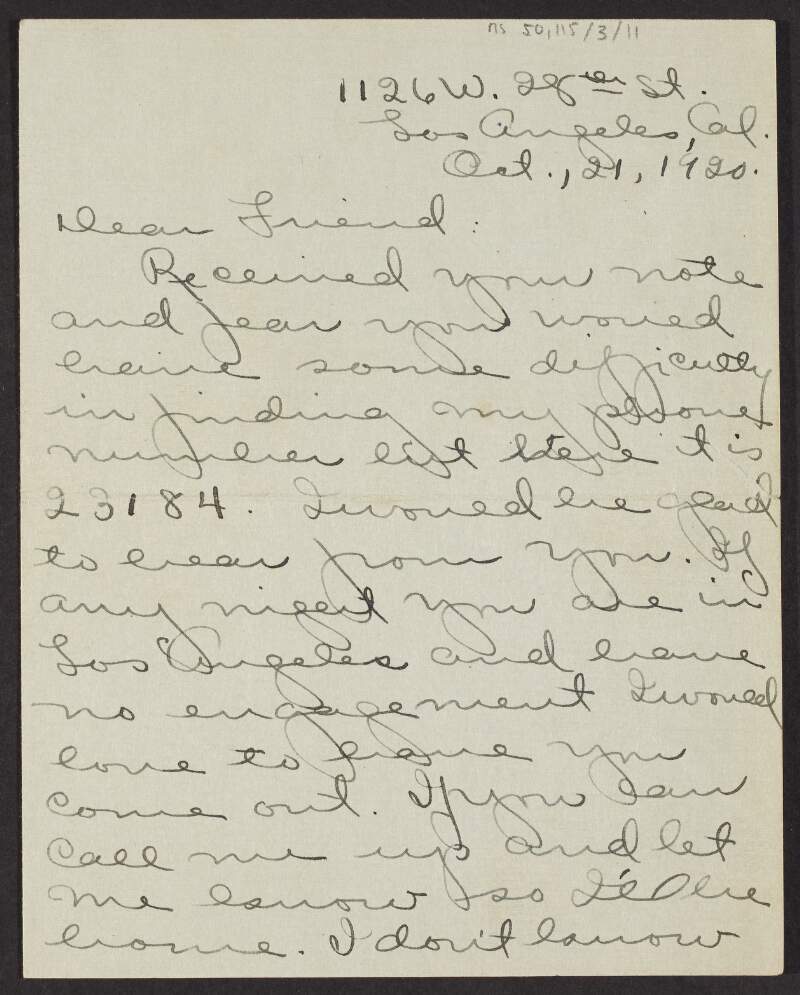 Letter from Beryl Kennedy, Los Angeles, to Padraic Fleming asking to meet and giving him her plans for the week,