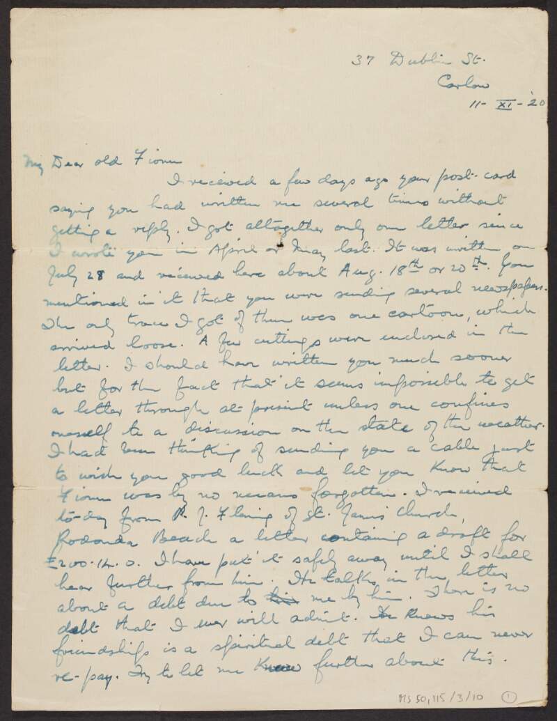 Letter from "Ex-Rec", 37 Dublin Street, Carlow to "Fionn" [Padraic Fleming],