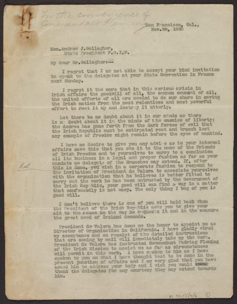 Copy draft letter from Father Peter C. Yorke to Andrew J. Gallagher, State President, Friends of Irish Freedom, regarding Yorke's appointment by Eamon De Valera as California director of the American Association for the Recognition of the Irish Republic,
