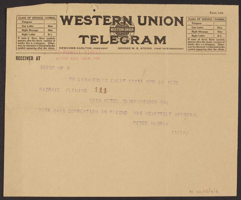 Telegram from Peter Murray, Los Angeles, to Padraic Fleming, San Francisco, regarding Father Peter C. Yorke,