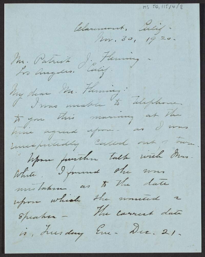 Letter from Sarah Bixby Smith, Claremont, California, to Padraic Fleming regarding a meeting at which Fleming is to speak,