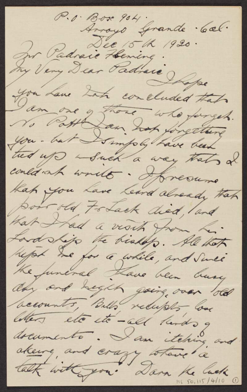 Fragment of letter from Father Harry Feeney, Colorado, to Padraic Fleming,