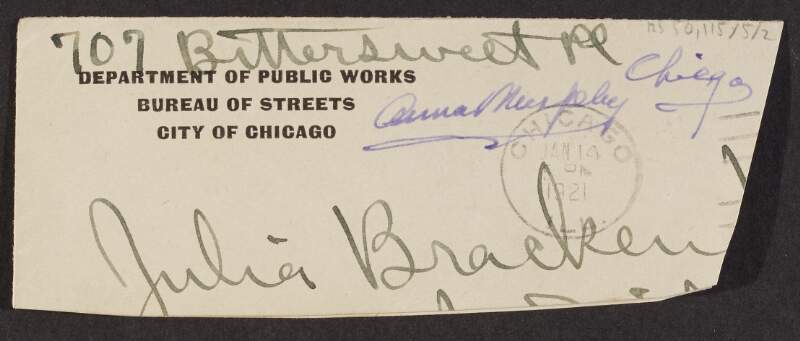 Fragment of a Department of Public Works, Bureau of Streets, City of Chicago envelope bearing Julia Bracken Wendt's name,