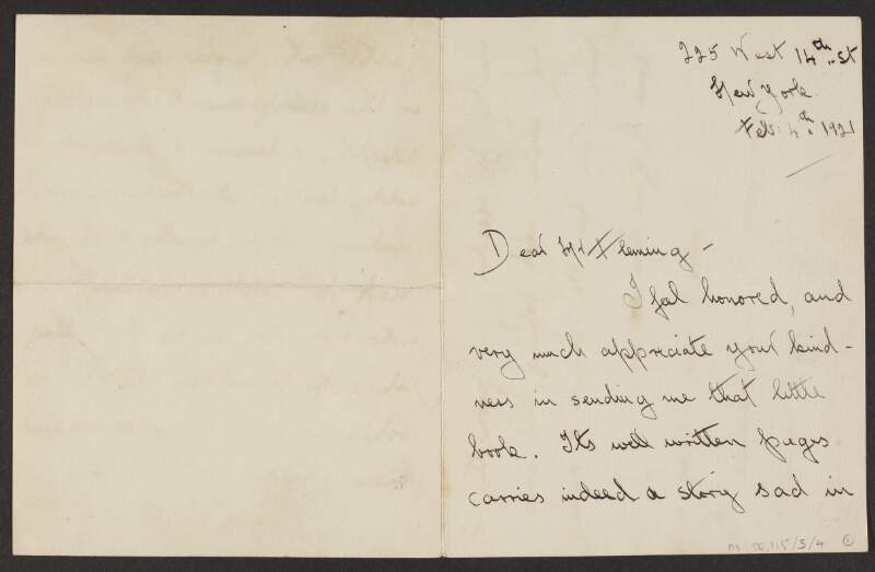 Letter from [Han?] Butler, New York, to Padraic Fleming, New York, thanking him for his gift of a book,