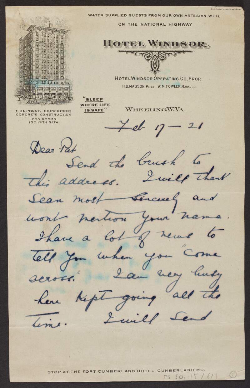 Letter from Peter MacSwiney, Hotel Windsor, Wheeling, West Virginia, to Padraic Fleming asking him to send "the brush",