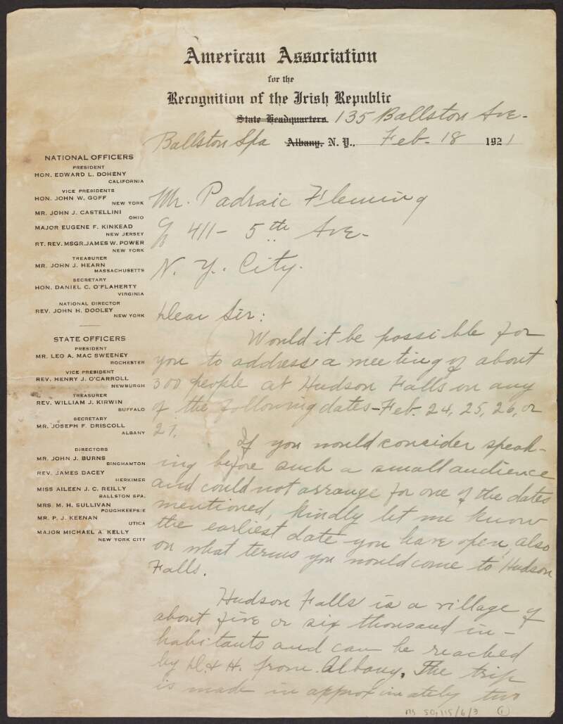 Letter from Aileen J. C. Reilly, District organiser, American Association for the Recognition of the Irish Republic, to Padraic Fleming inviting him to address a meeting at Hudson Halls,