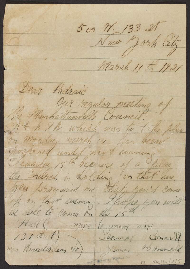 Letter from James O'Connell, New York, to Padraic Fleming asking him to come to the meeting of the Manhattanville Council of the American Association for the Recognition of the Irish Republic,