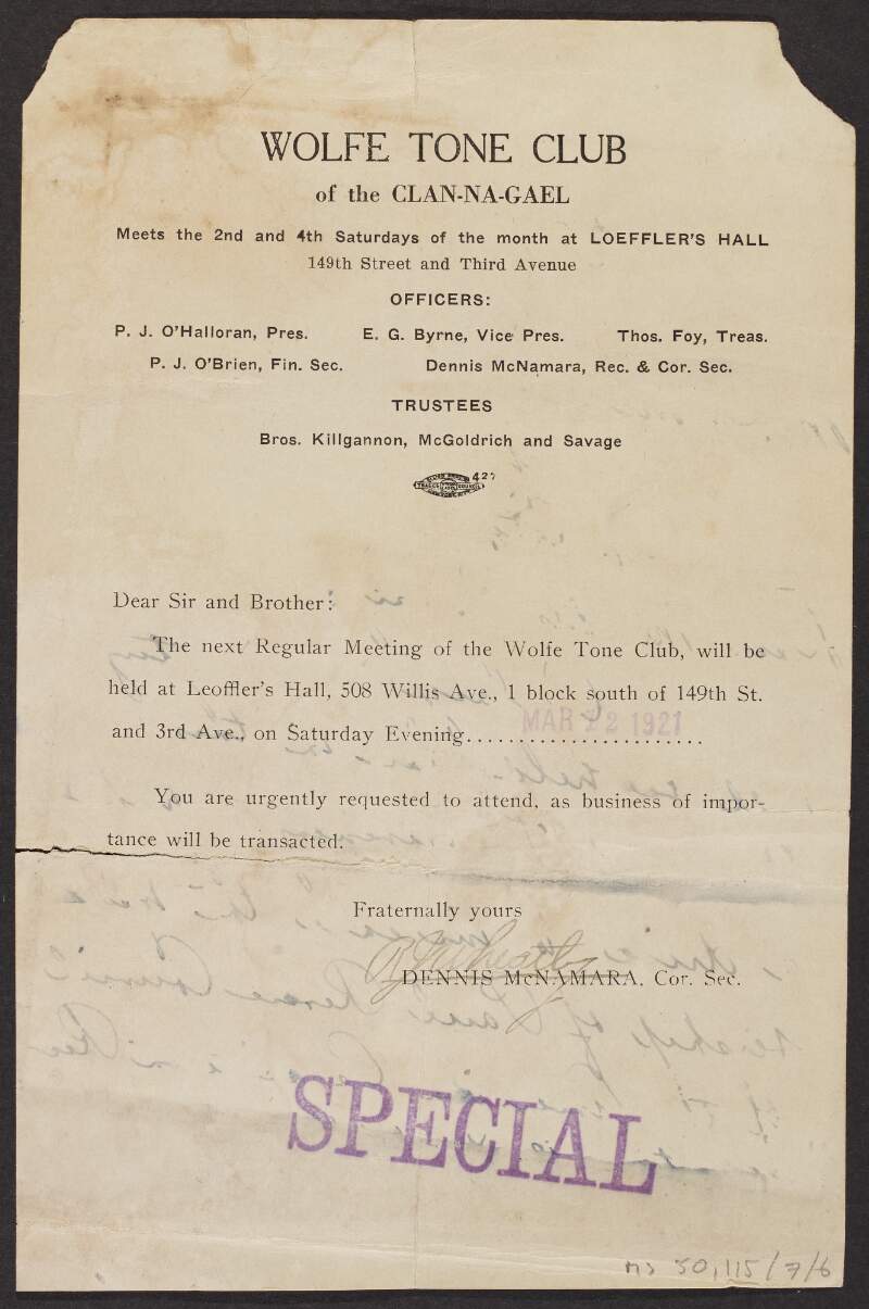 Notice of meeting of the Wolfe Tone Club of the Clan-na-Gael at Loeffler's Hall, New York, signed by R. J. Wheatley,