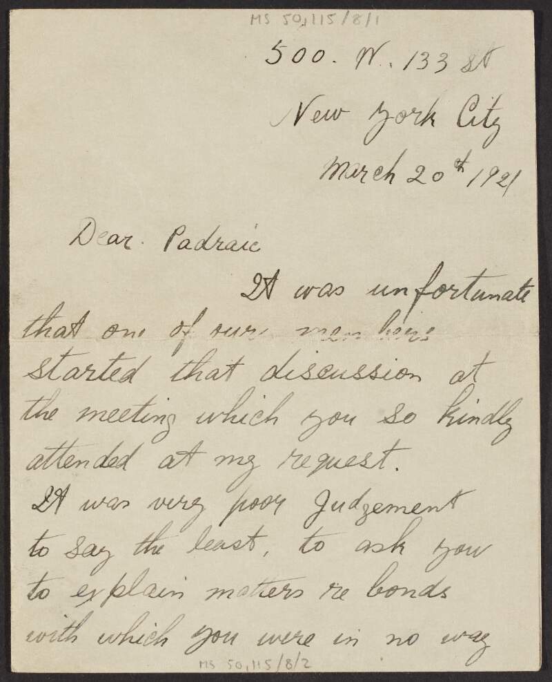 Letter from James O'Connell, New York, to Padraic Fleming about the meeting of the Manhattanville Council of the American Association for the Recognition of the Irish Republic at which Fleming spoke at,