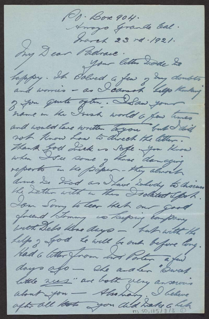 Letter from Father Michael J. Stack, Arroyo Grande, California, to Padraic Fleming,