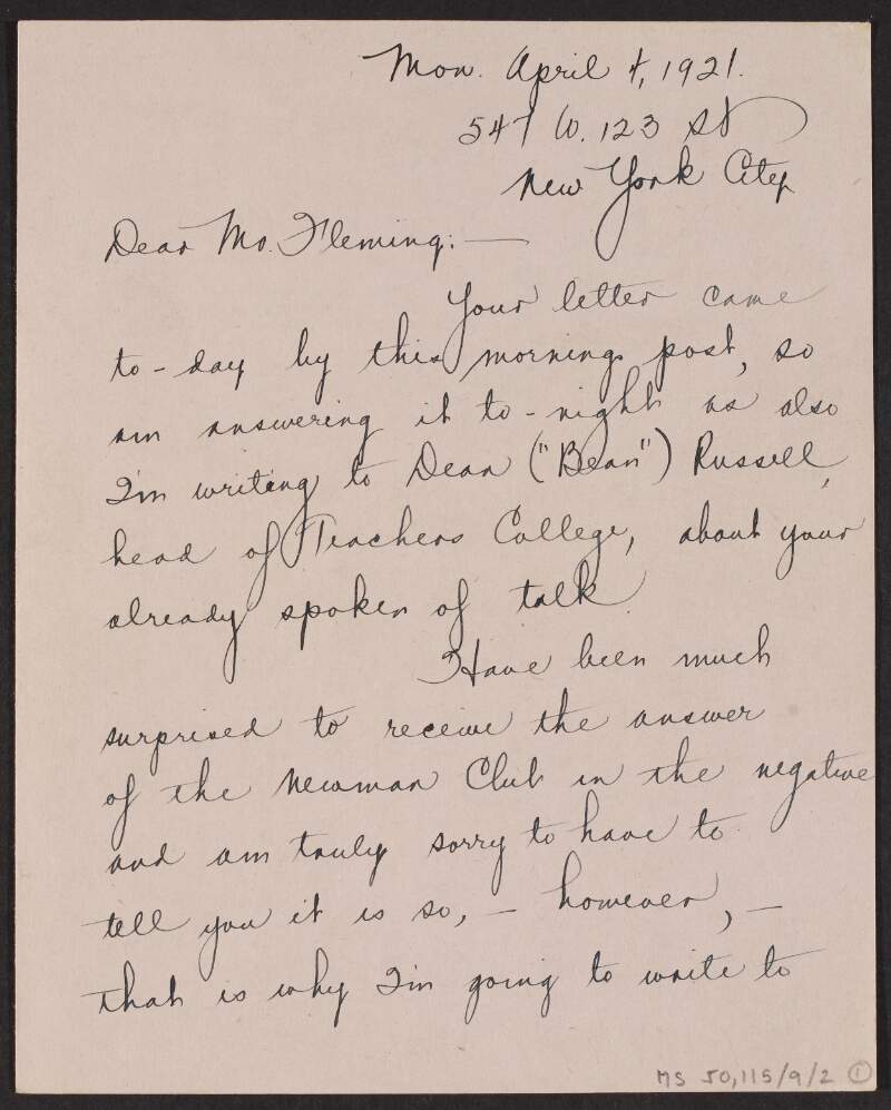 Letter from Clare Enright, Teachers College, Columbia University, New York, to Padraic Fleming about the Dean's anti-Irish sentiment,