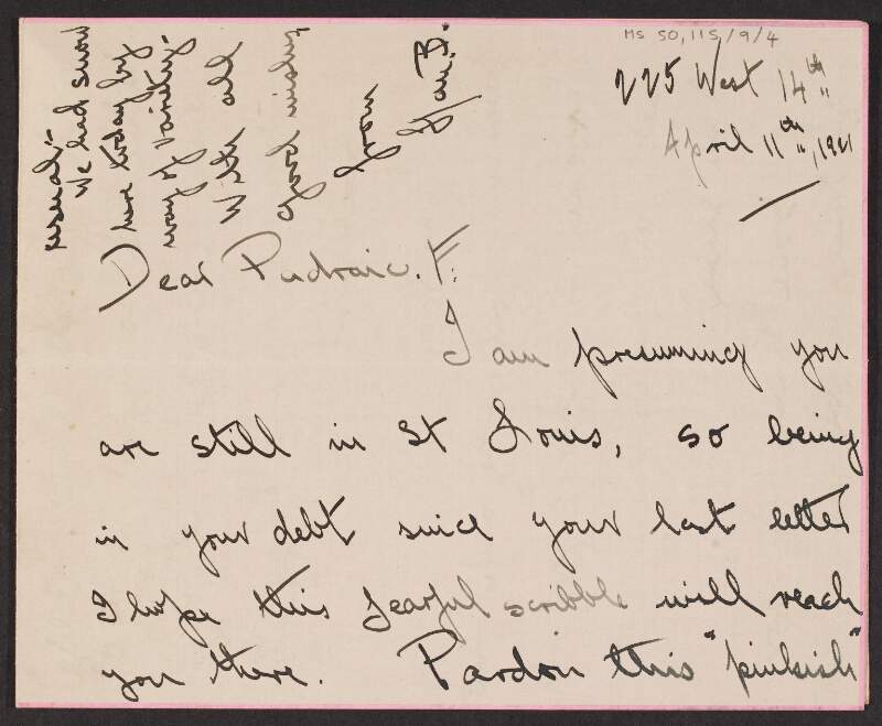 Letter from [Han?] Butler, New York, to Padraic Fleming enquiring if there are any published articles or writings of Terence MacSwiney,